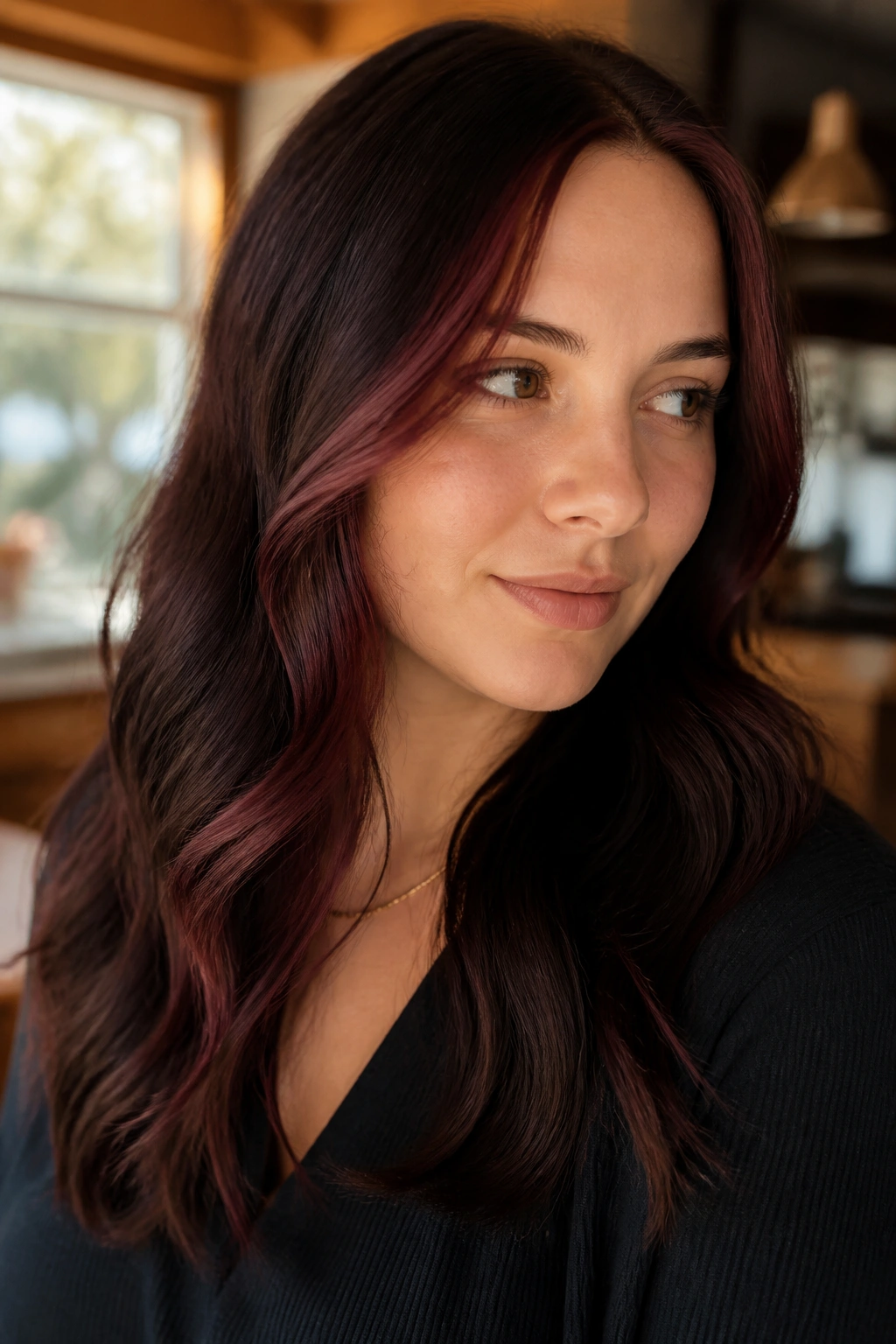Close-up portrait showing mahogany face-framing balayage around the face on brown hair