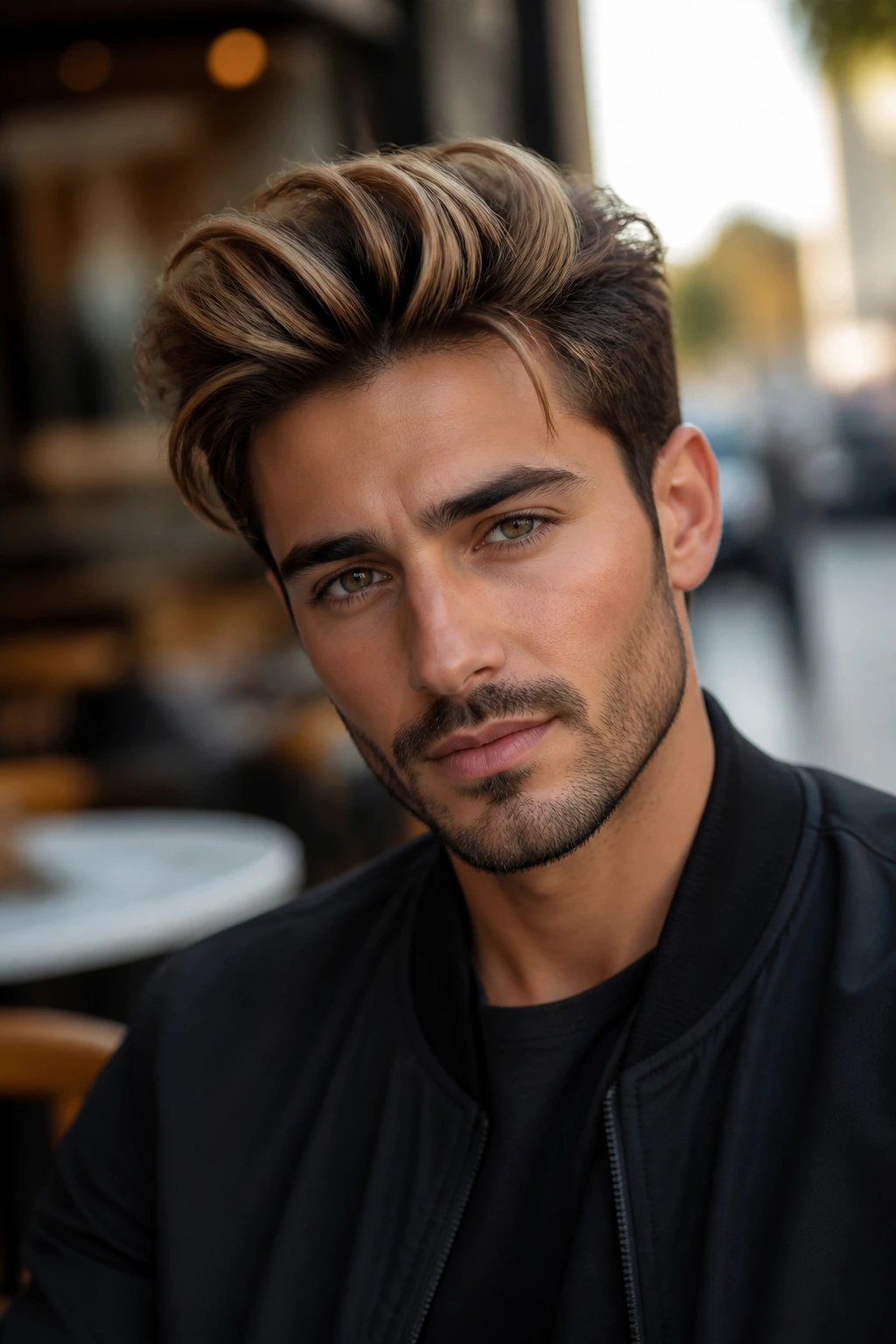 Close-up of a man with a quiff featuring face-framing balayage at the front