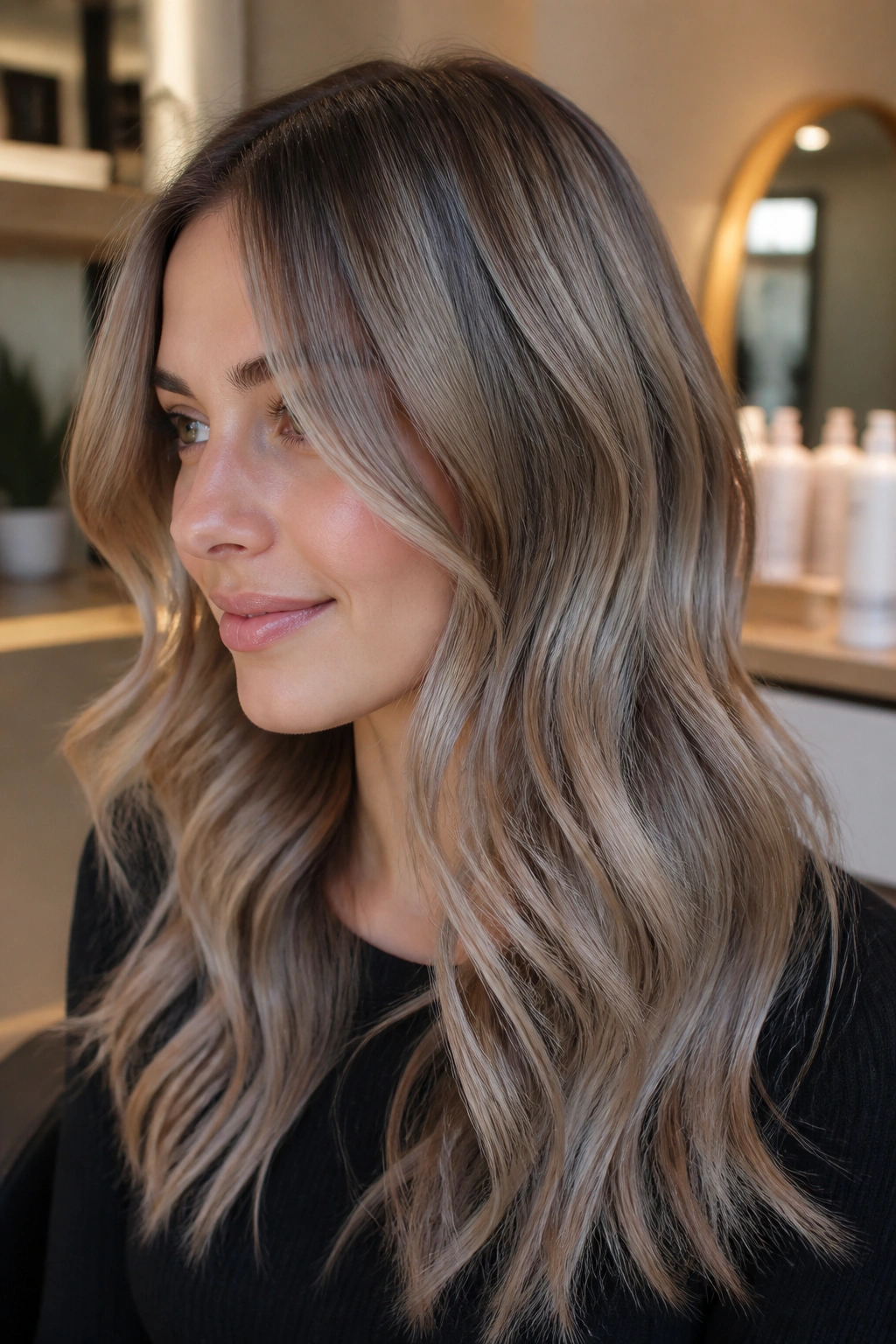 Close-up portrait of a real woman with glossy neutral ash balayage on fine hair