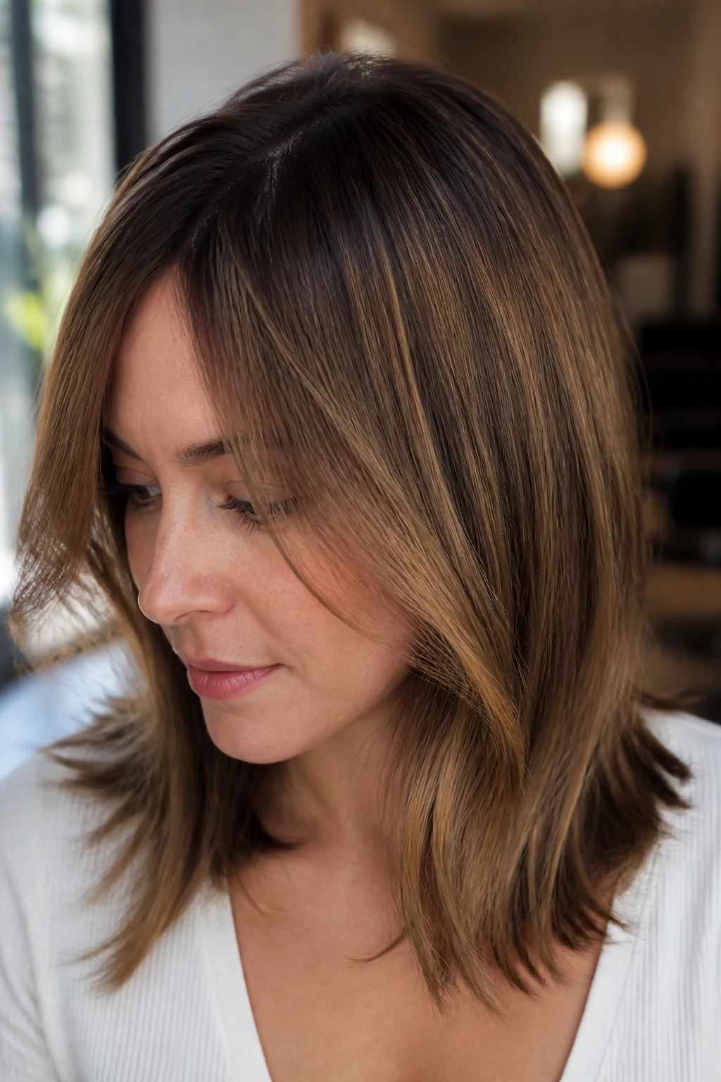 Close-up of a real woman with fine brown hair and honey glaze balayage in bright natural light