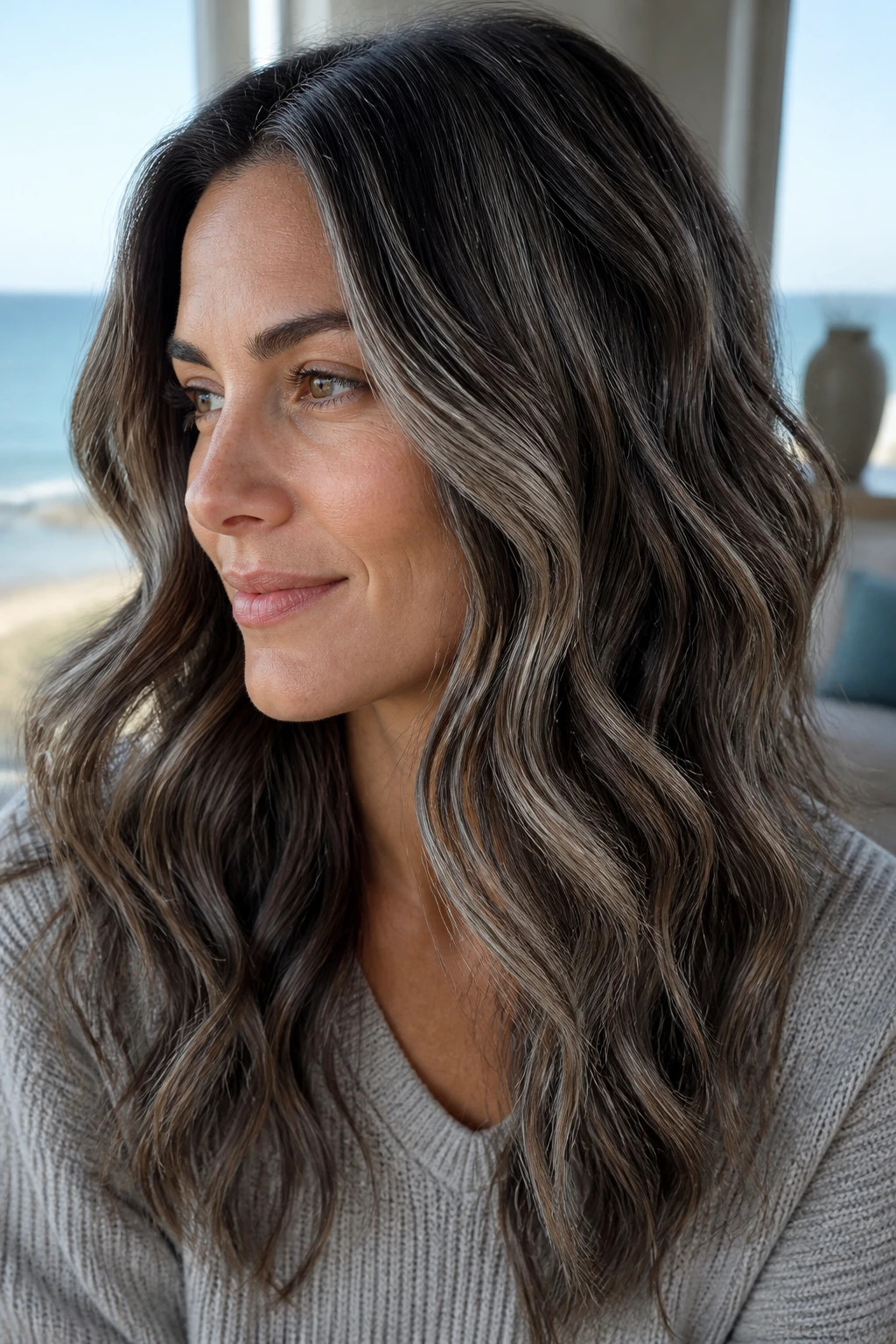 Close-up of gray-laced balayage on wavy brown hair