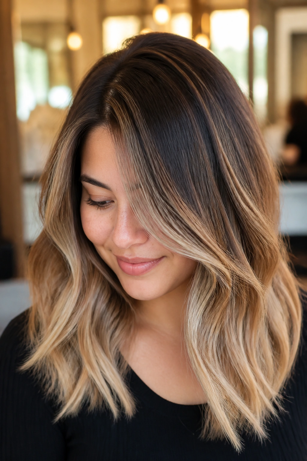 Close-up portrait of a real woman with brown blonde balayage and an off-center part.