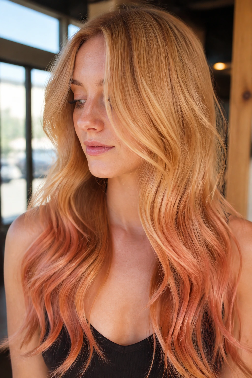Close-up portrait of long hair with golden apricot balayage fading to strawberry ends on a real person.
