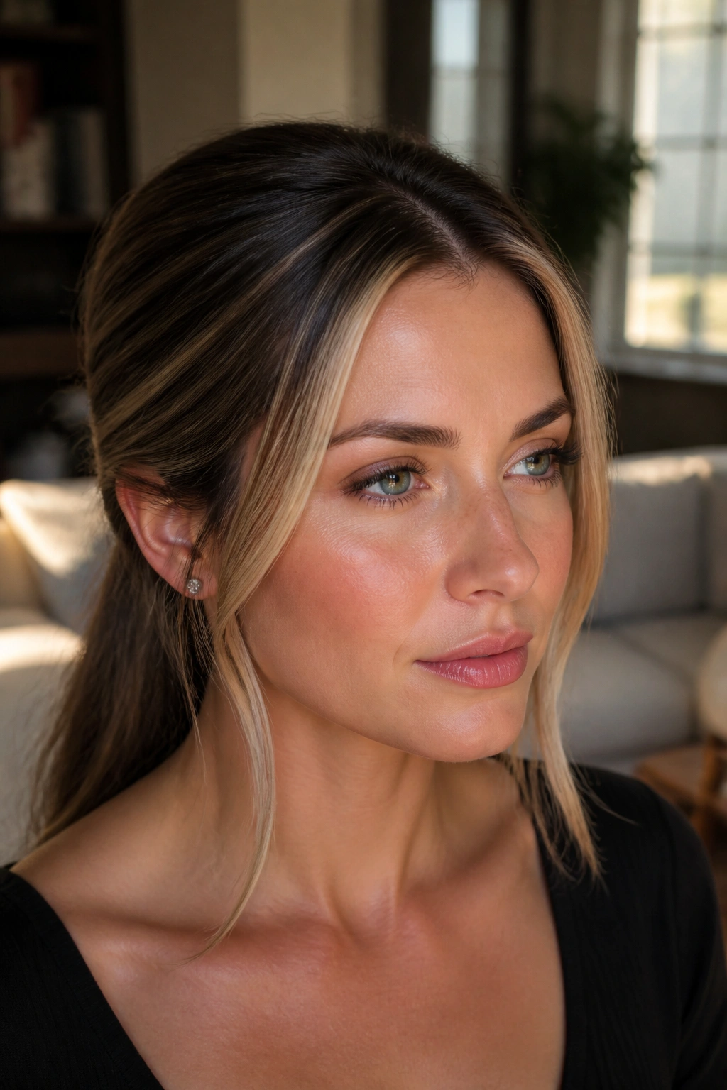 Close-up of a real woman with face-framing halo lights around the hairline