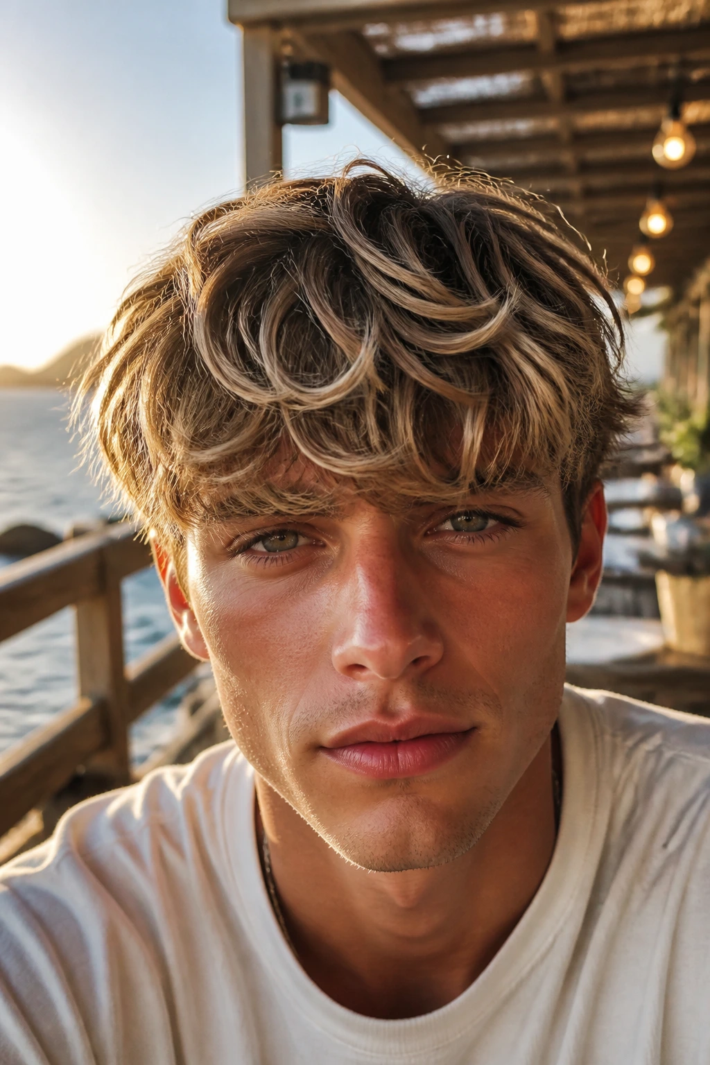 Close-up of a man with a wavy fringe showing honey-blond balayage in the waves