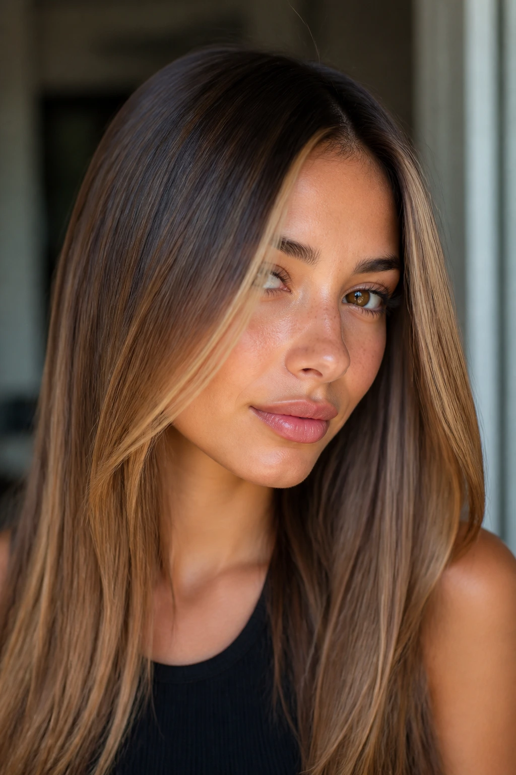 Close-up of honey balayage around face on straight hair.