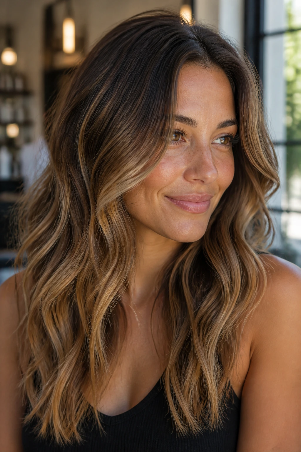 Close-up portrait of a real woman with grow-out friendly honey balayage on brown hair, natural roots