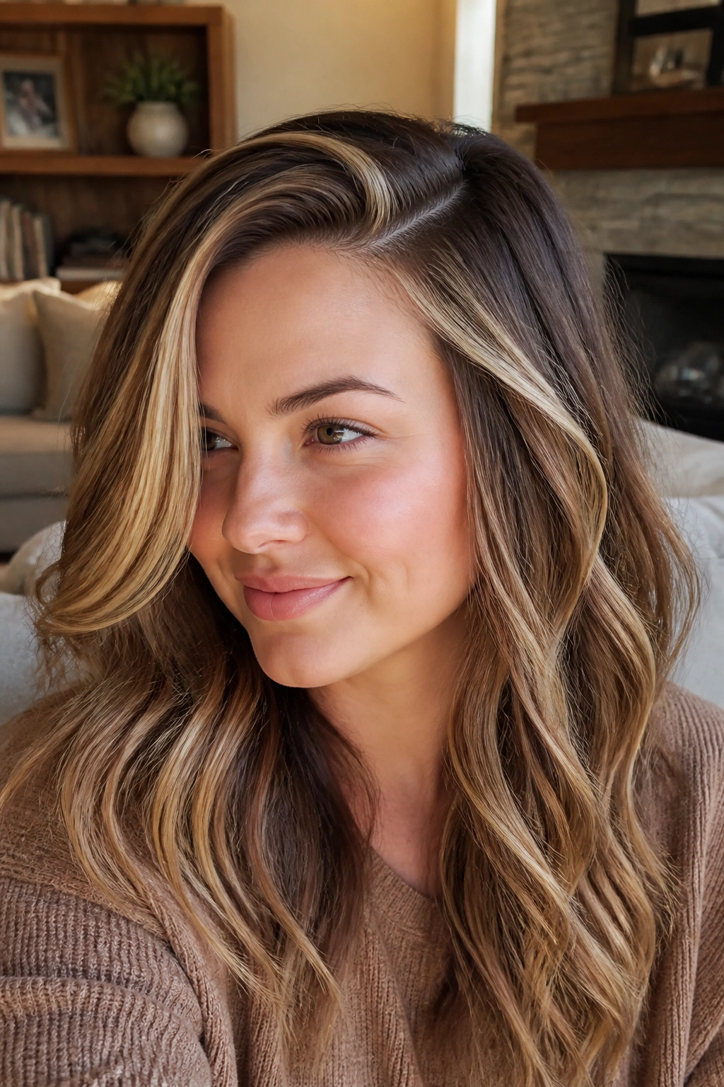 Close-up of deep side part with honey money piece in hair.