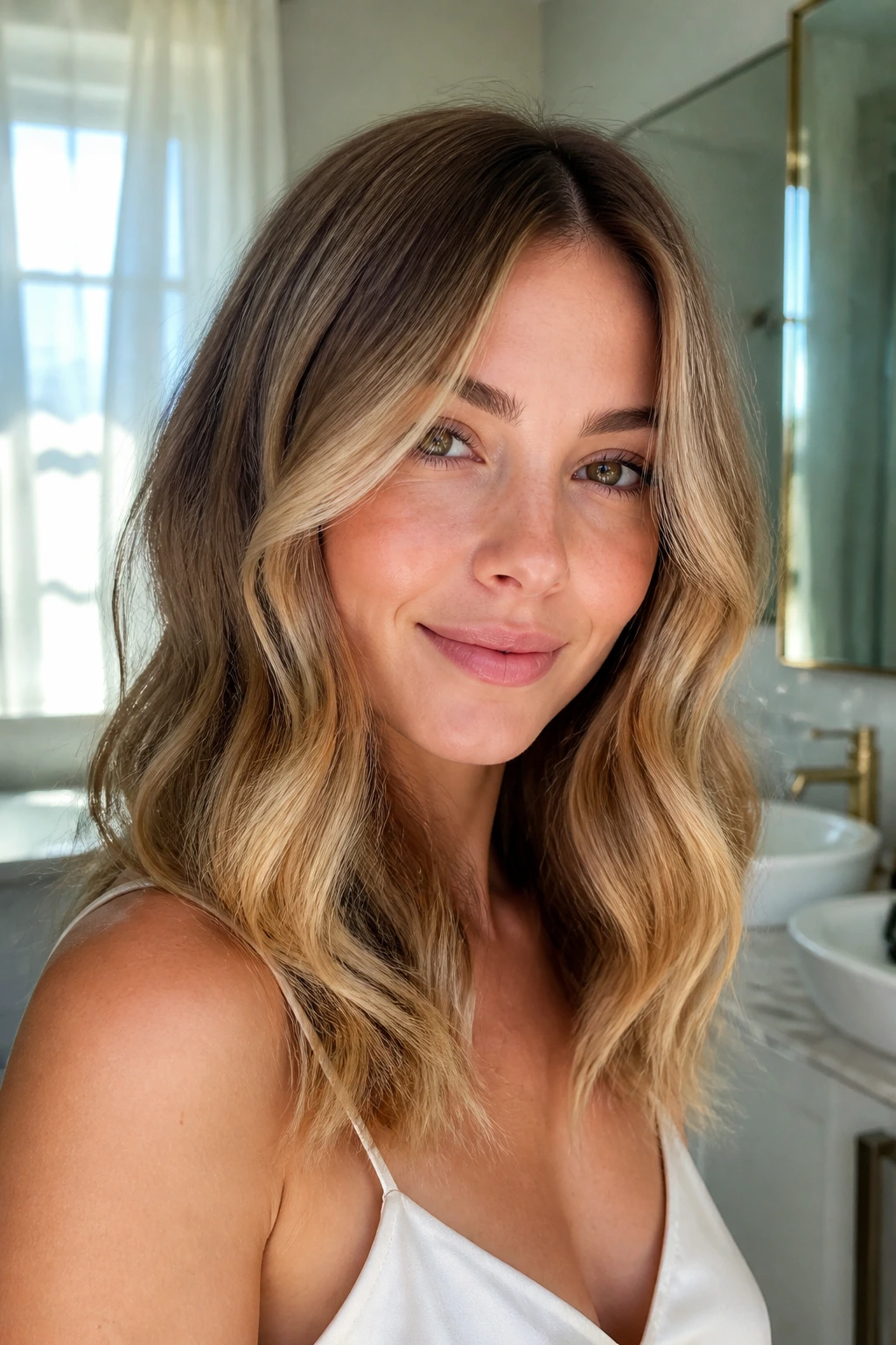 Close-up portrait of a real woman with honey blonde balayage and a soft shadow root in a sunlit room.