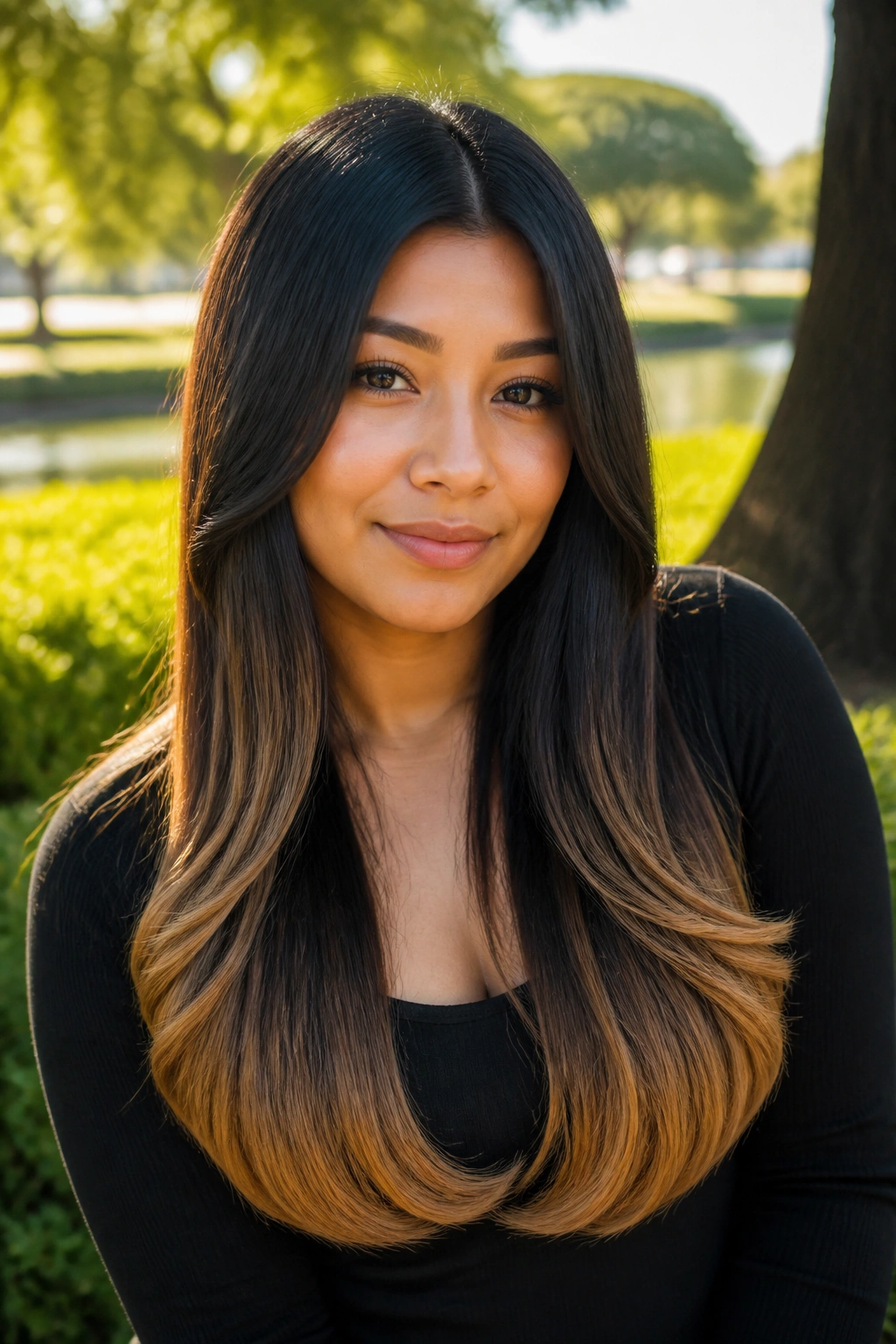Portrait of a woman with honeyed ends on a long U-cut balayage
