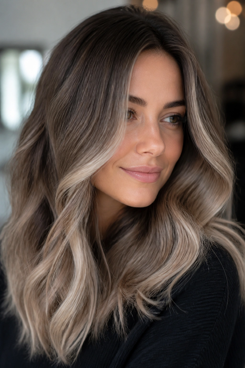 Portrait of a real woman with icy beige balayage on medium brown hair