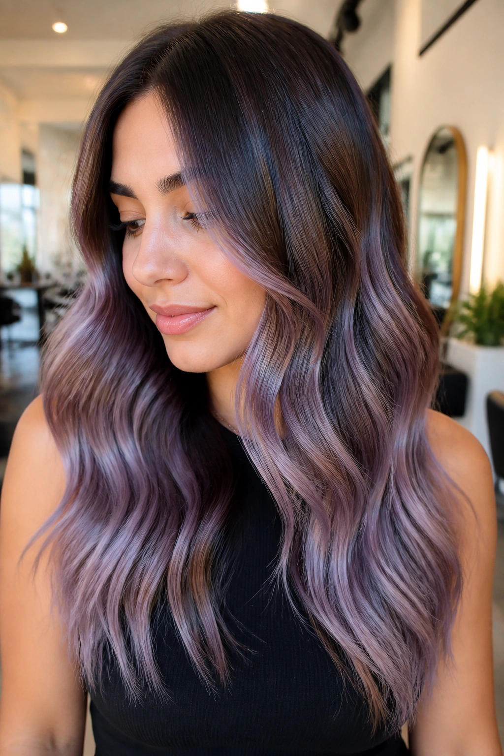 Medium close-up of brunette hair with smoky lavender balayage through mid-lengths to ends