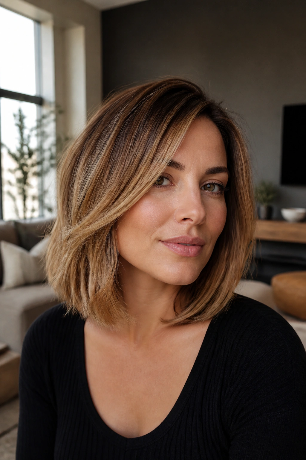 Close-up of a real woman with caramel balayage layered lob in natural light