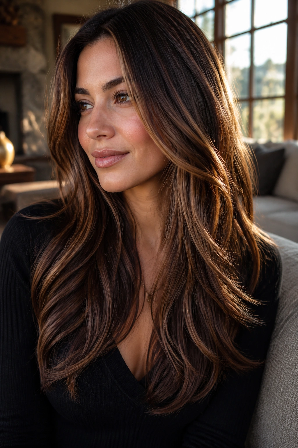 Close-up portrait of brunette hair with balayage layers showing dimension