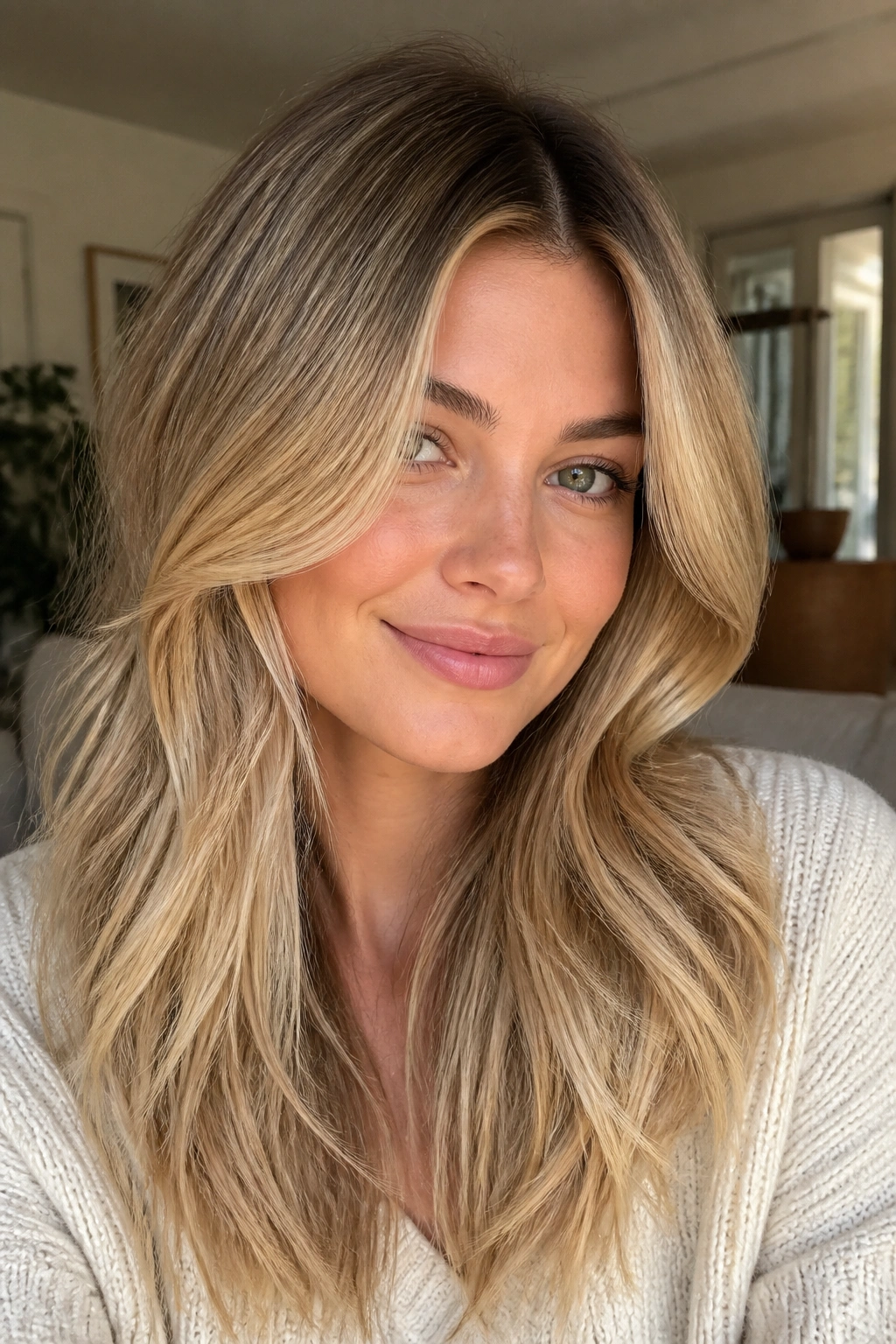 Close-up portrait of a woman with beige-blonde balayage and soft root shadow, layered hair framing the face