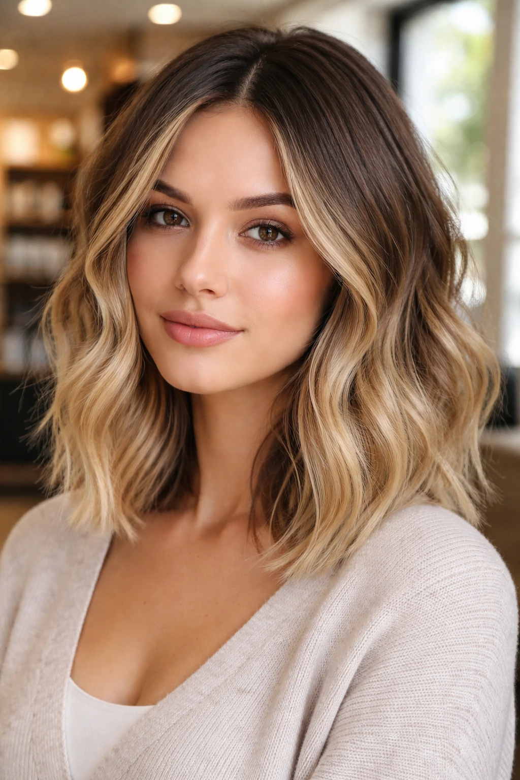 Close-up of balayage lob showing root-to-end color contrast