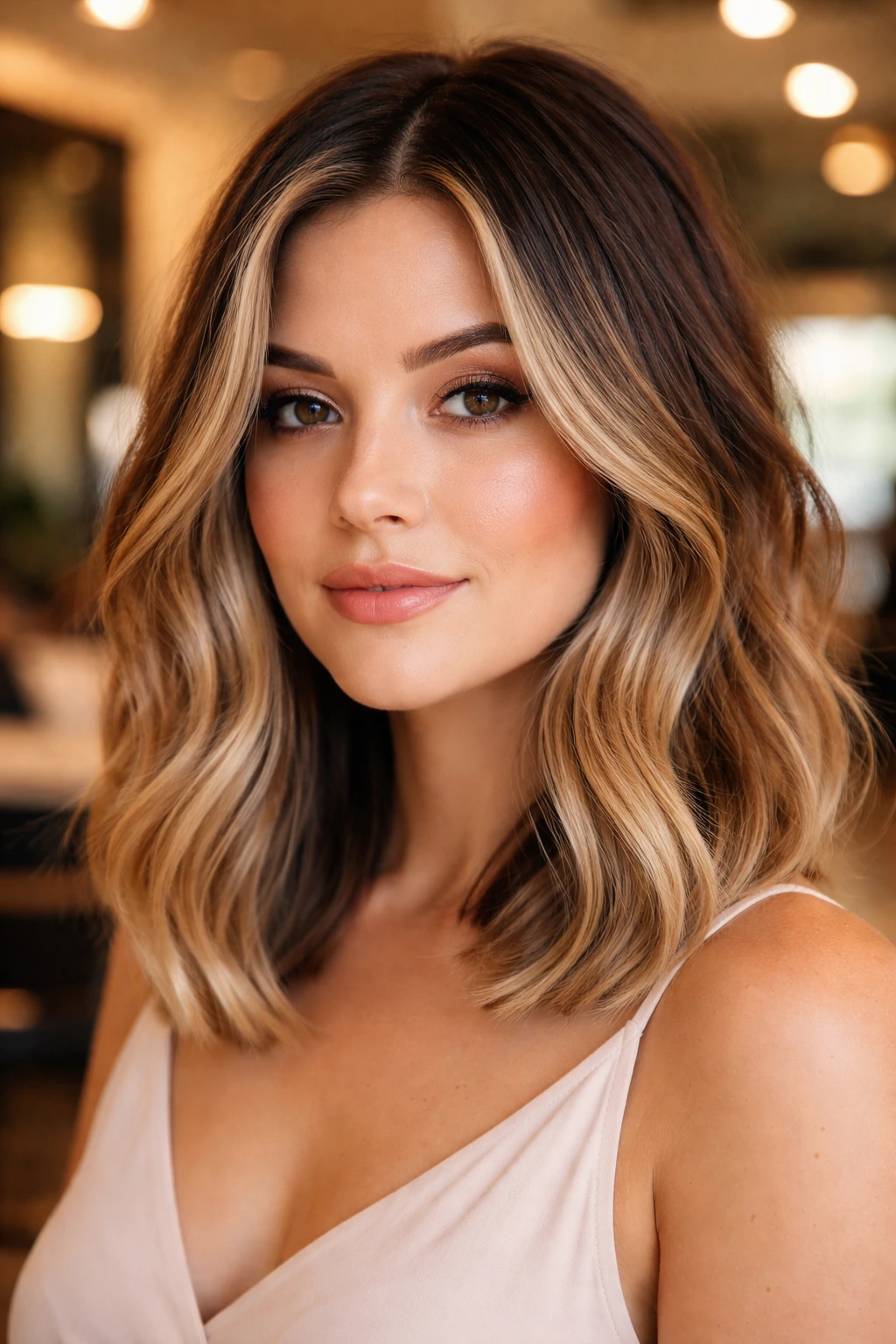 Portrait of woman with balayage lob featuring face-framing lighter pieces