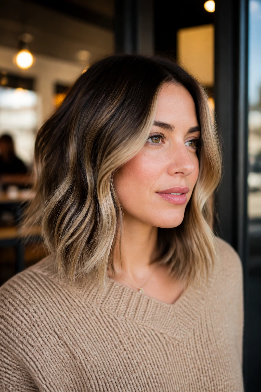 Portrait of balayage lob with dimension showing face-framing pieces.