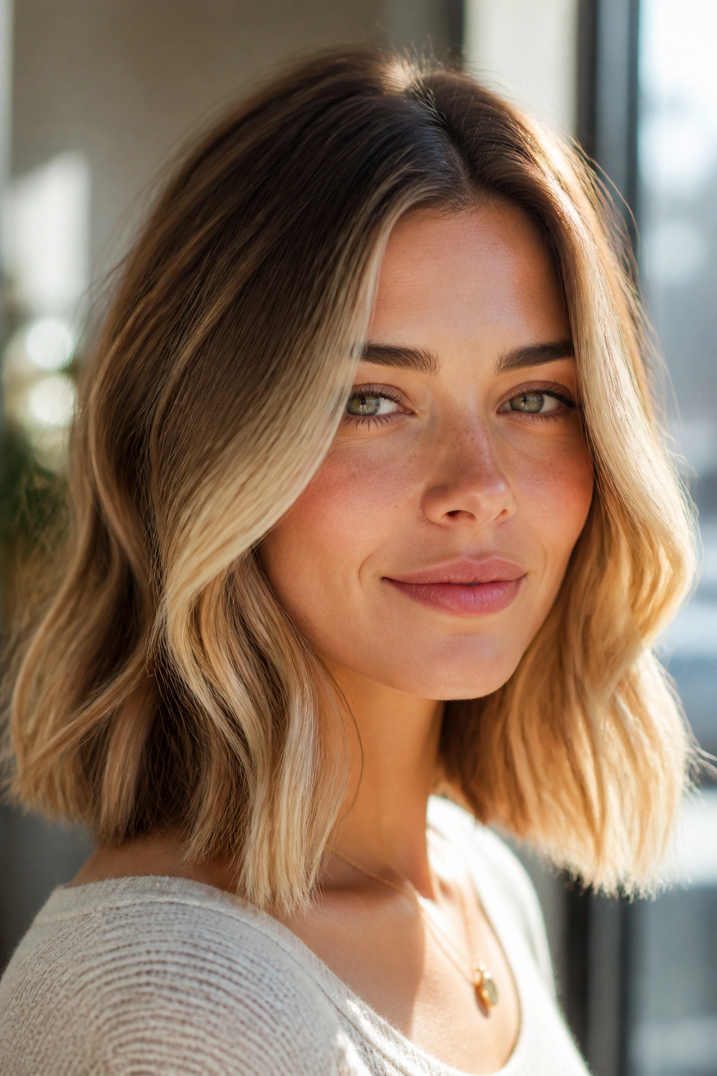 Close-up portrait of a real woman with sunlit balayage lob and face-framing ribbons.