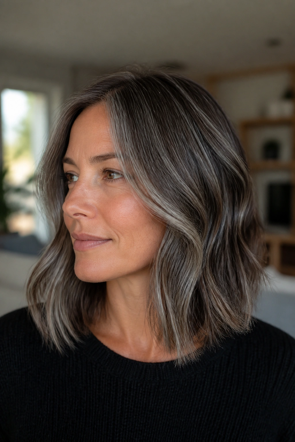 Close-up of a real woman with a lob and scattered silver streaks through mid-lengths