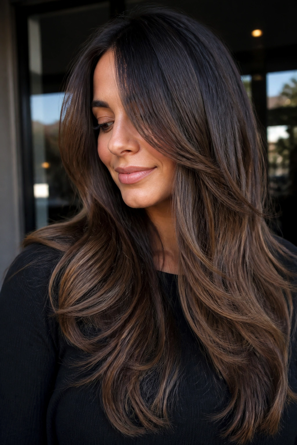 Long brown hair with chocolate balayage showing gradient from root to end