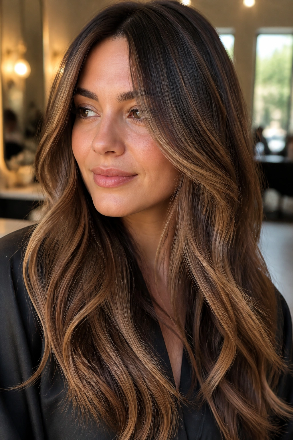 Close-up of a real woman showing caramel balayage through long layers with vertical flow