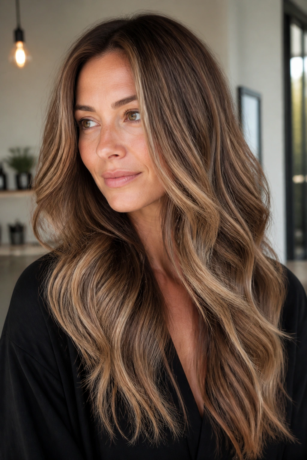 Close-up of a real woman with sandy beige balayage on long layered hair.