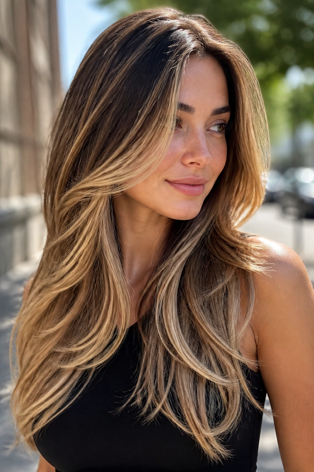 Close-up of long layered hair with wide sweeping blonde pieces