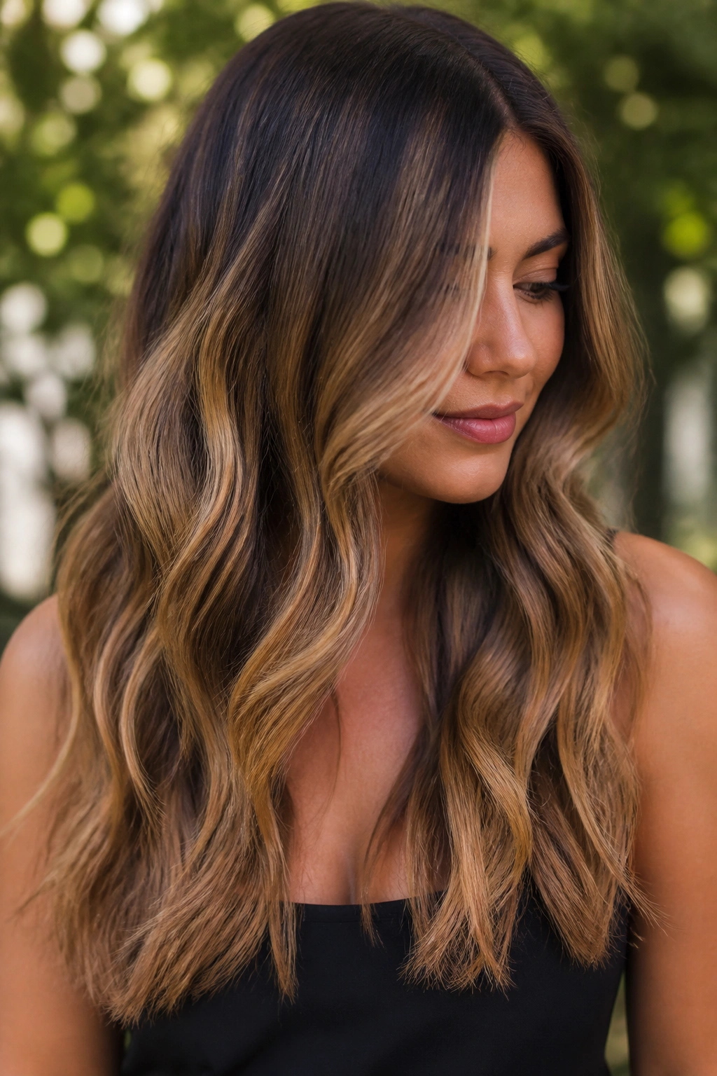 Portrait of a woman with long waves and caramel balayage