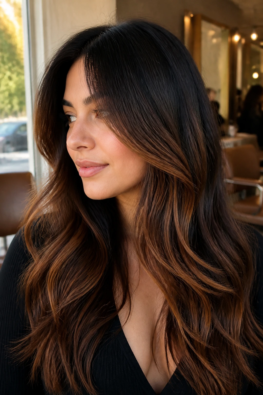Close-up of a real woman with long layered chestnut-end balayage in warm salon light