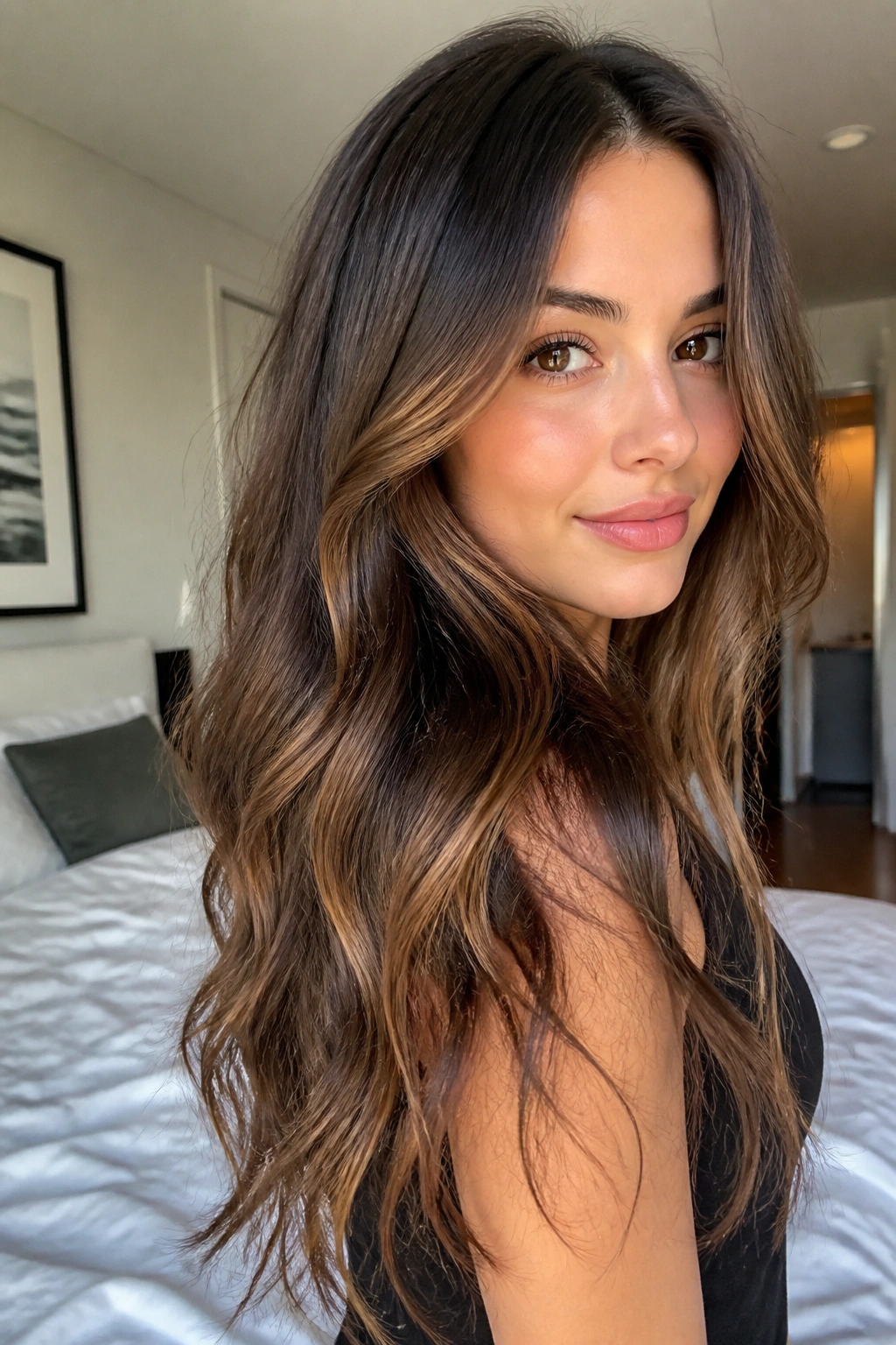 Close-up of a real woman showing honey-kissed chocolate balayage on long hair