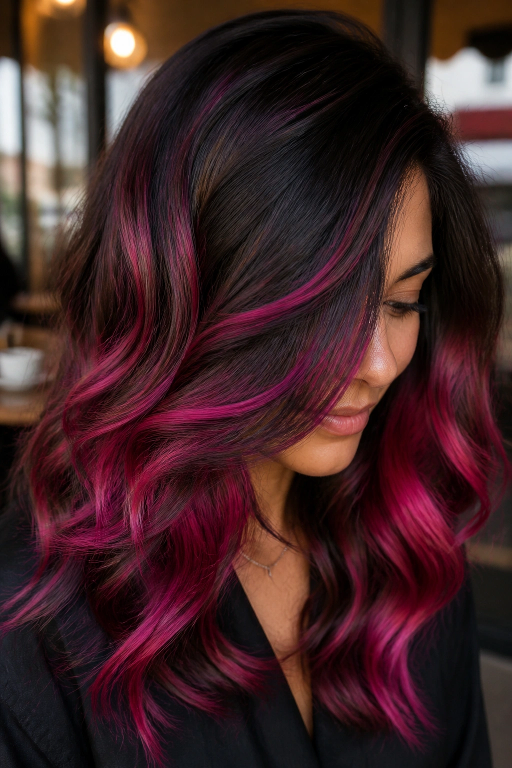 Close-up of real woman with magenta swirl balayage on espresso brown hair