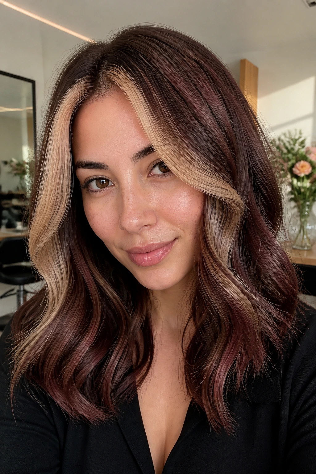 Close-up of a real woman with mahogany swirl balayage and champagne blonde framing