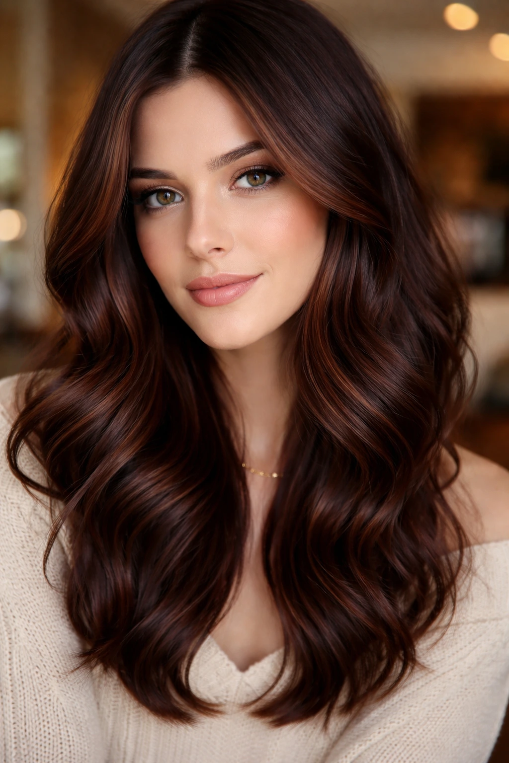 Close-up of a real woman with soft mahogany balayage framing her face