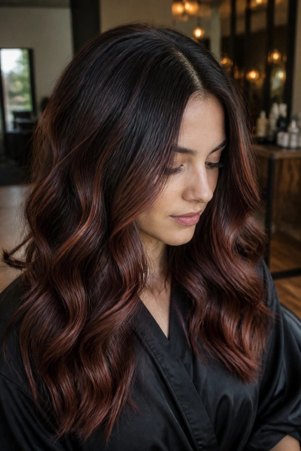 Close-up of real person's hair showing soft-rooted mahogany balayage blending from dark roots to mahogany ends.