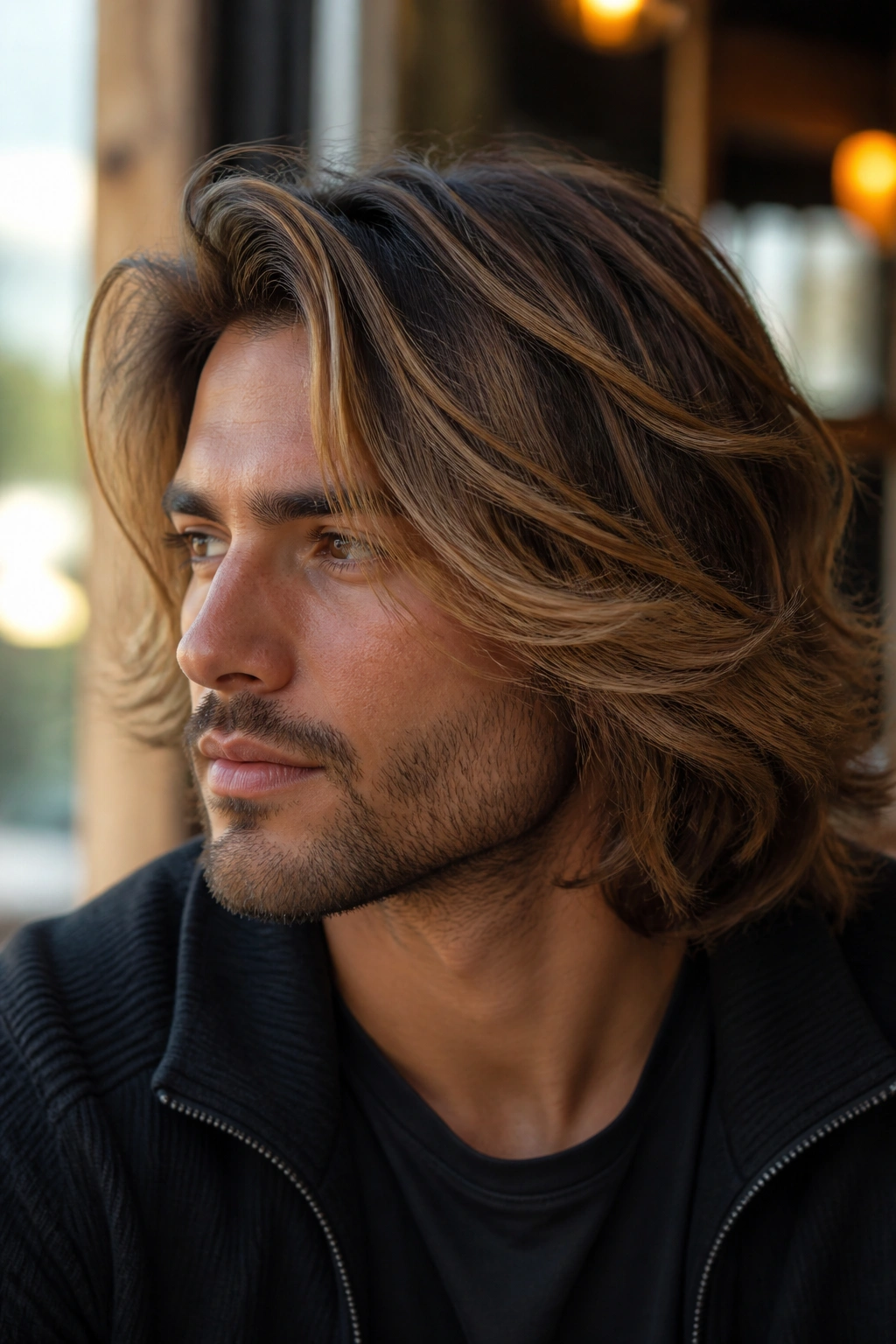 Man with medium-length balayage hairstyle in warm window light
