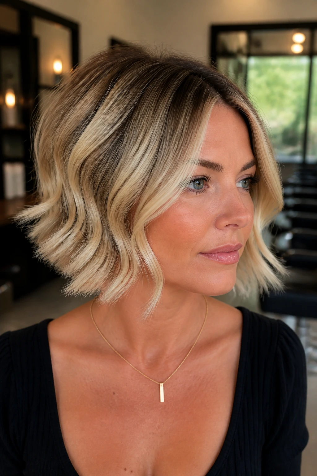 Close-up of a real woman with crown-to-front balayage melt on short blonde bob in a salon.