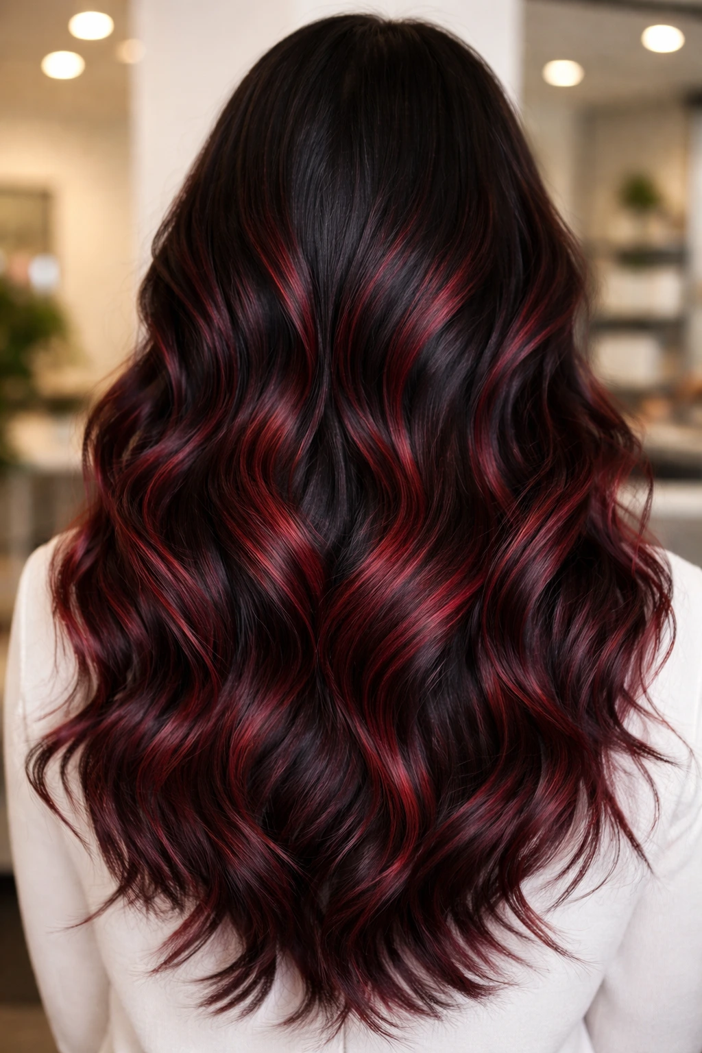 Close-up of bold merlot ribbon highlights in hair