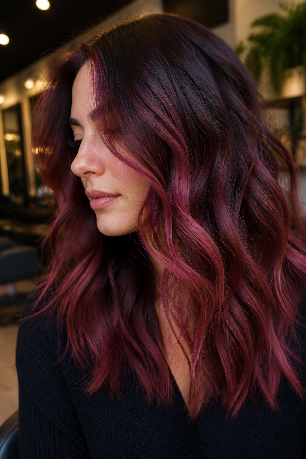 Close-up of real woman with merlot and rose balayage on brown hair with textured waves