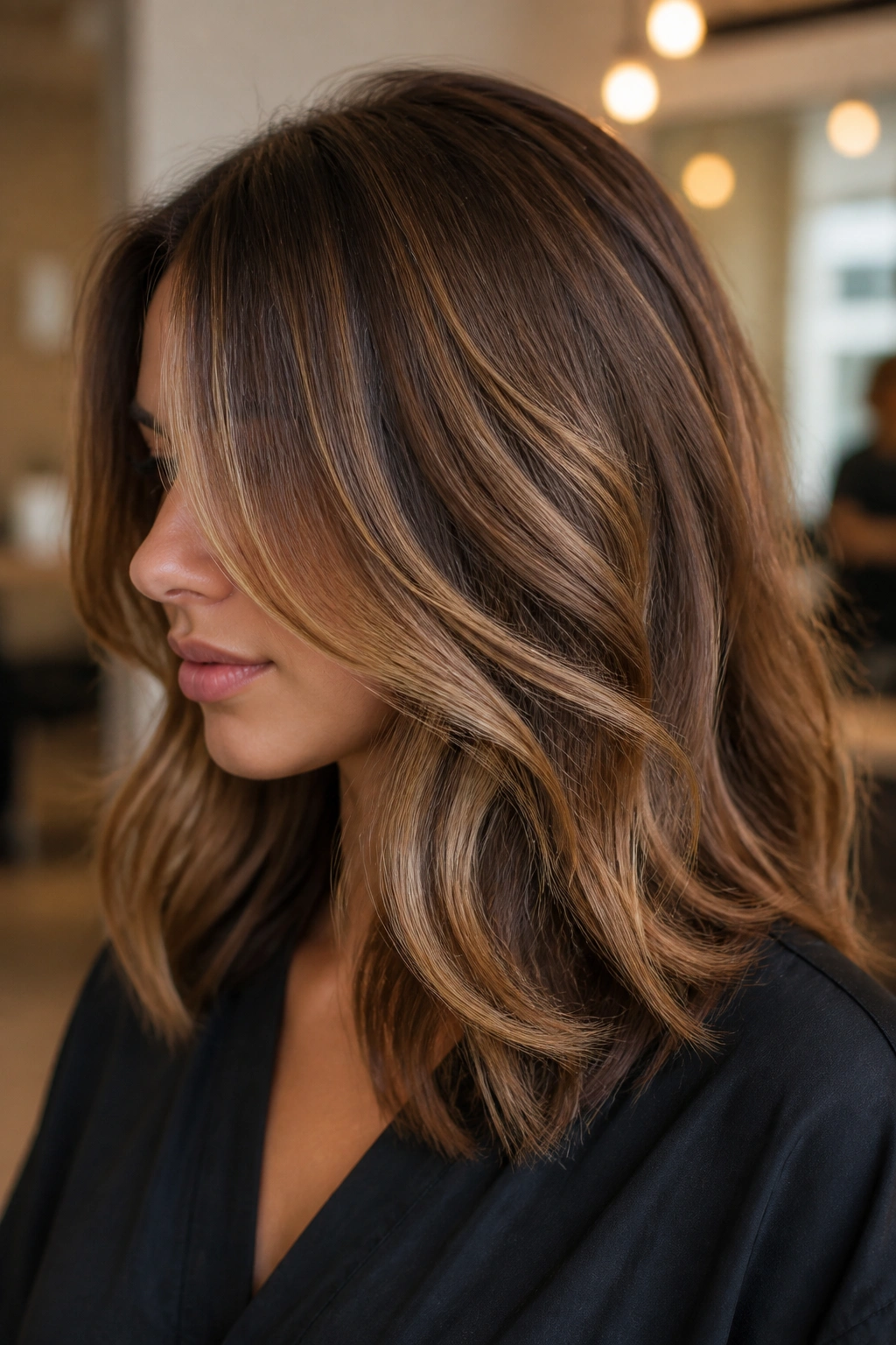 Real woman with layered brown hair showing mid-length balayage sweeps.