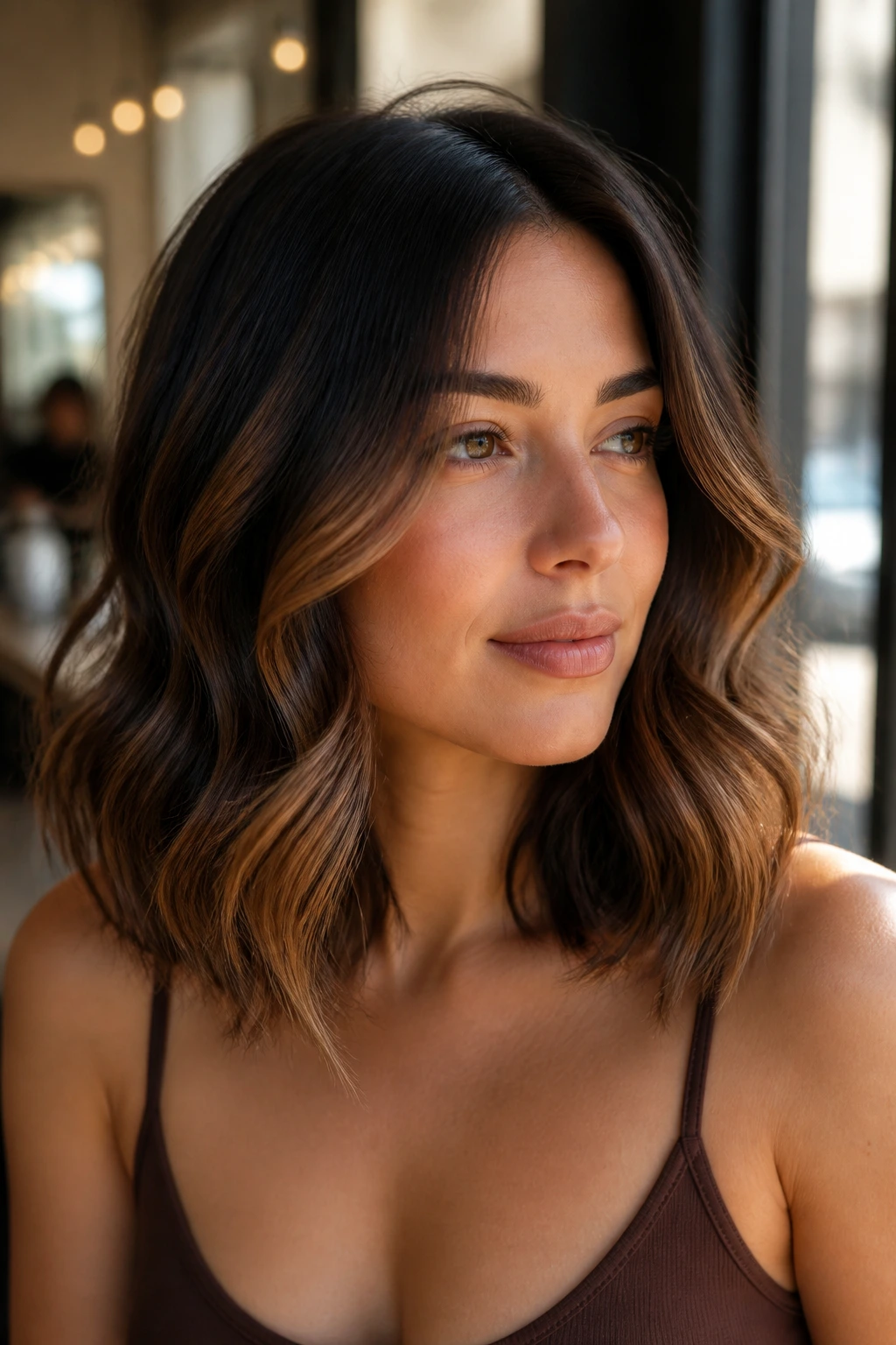 Close-up of shoulder-length waves with midshaft brightening in chocolate brown balayage.