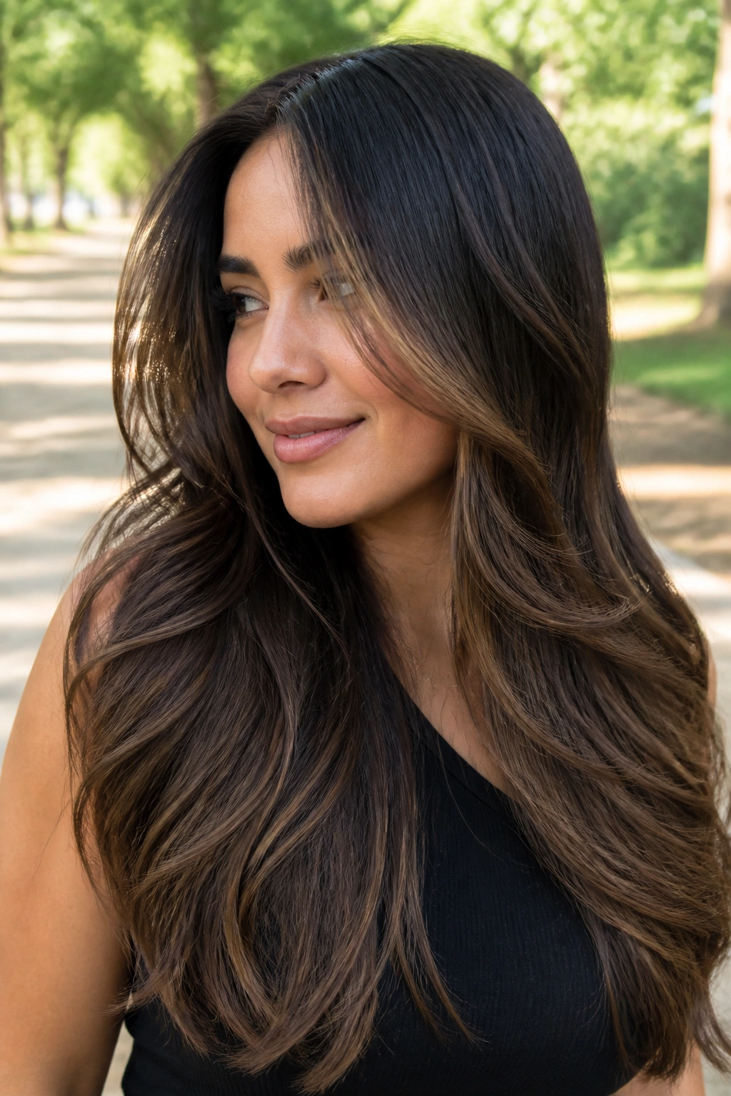Real woman with mocha melt balayage on long layers in a sunlit park setting.