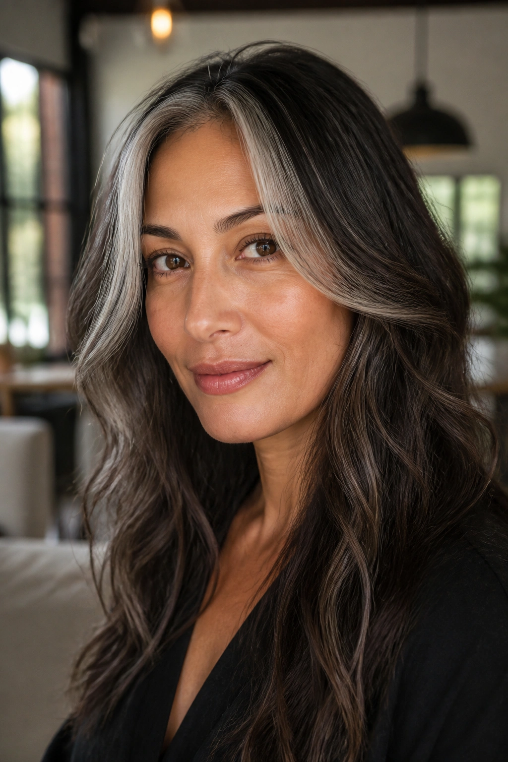 Portrait of a woman with a bright smoky silver money piece at the front blending into brown hair