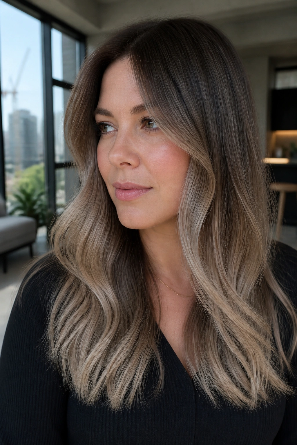 Close-up of mushroom brown to beige blonde melt on a real woman.