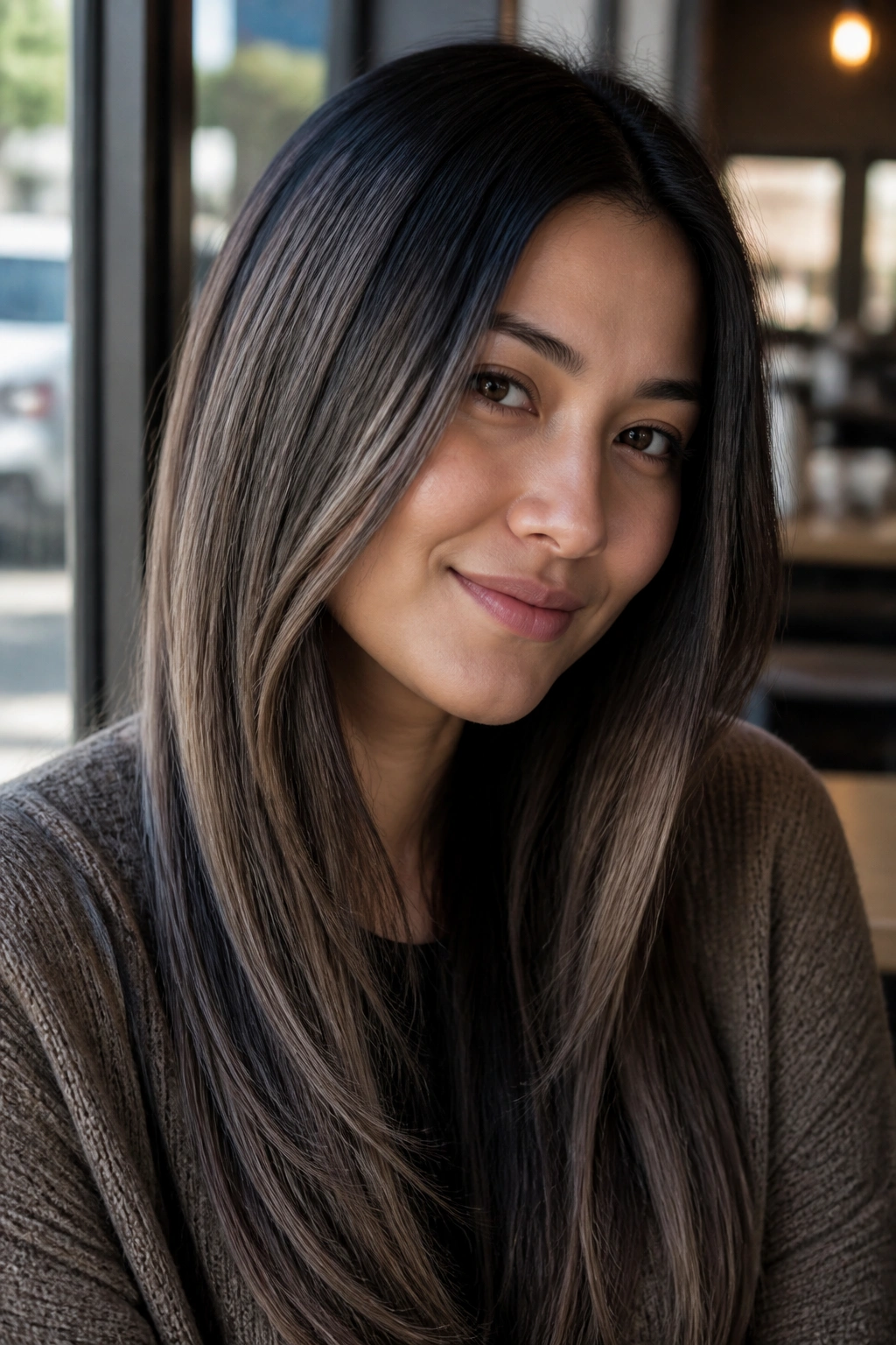 Portrait of a woman with mushroom brown balayage on straight hair