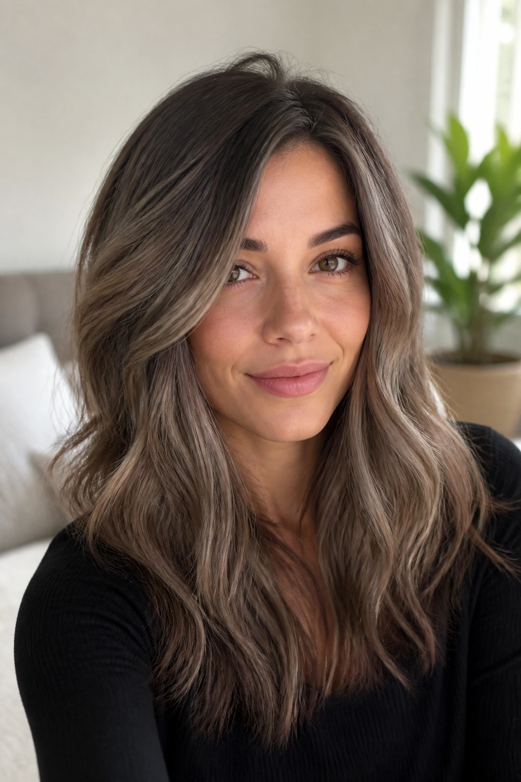 Close-up of a real woman with soft mushroom brown balayage featuring taupe and silver threads