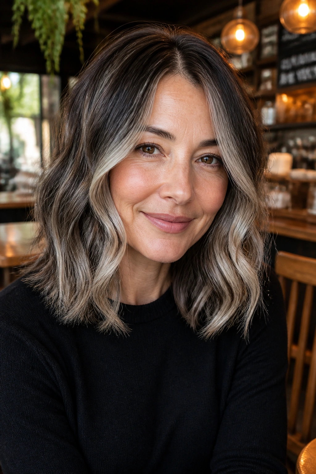 Shoulder-length hair with mushroom-brown base and soft white balayage on a real woman.