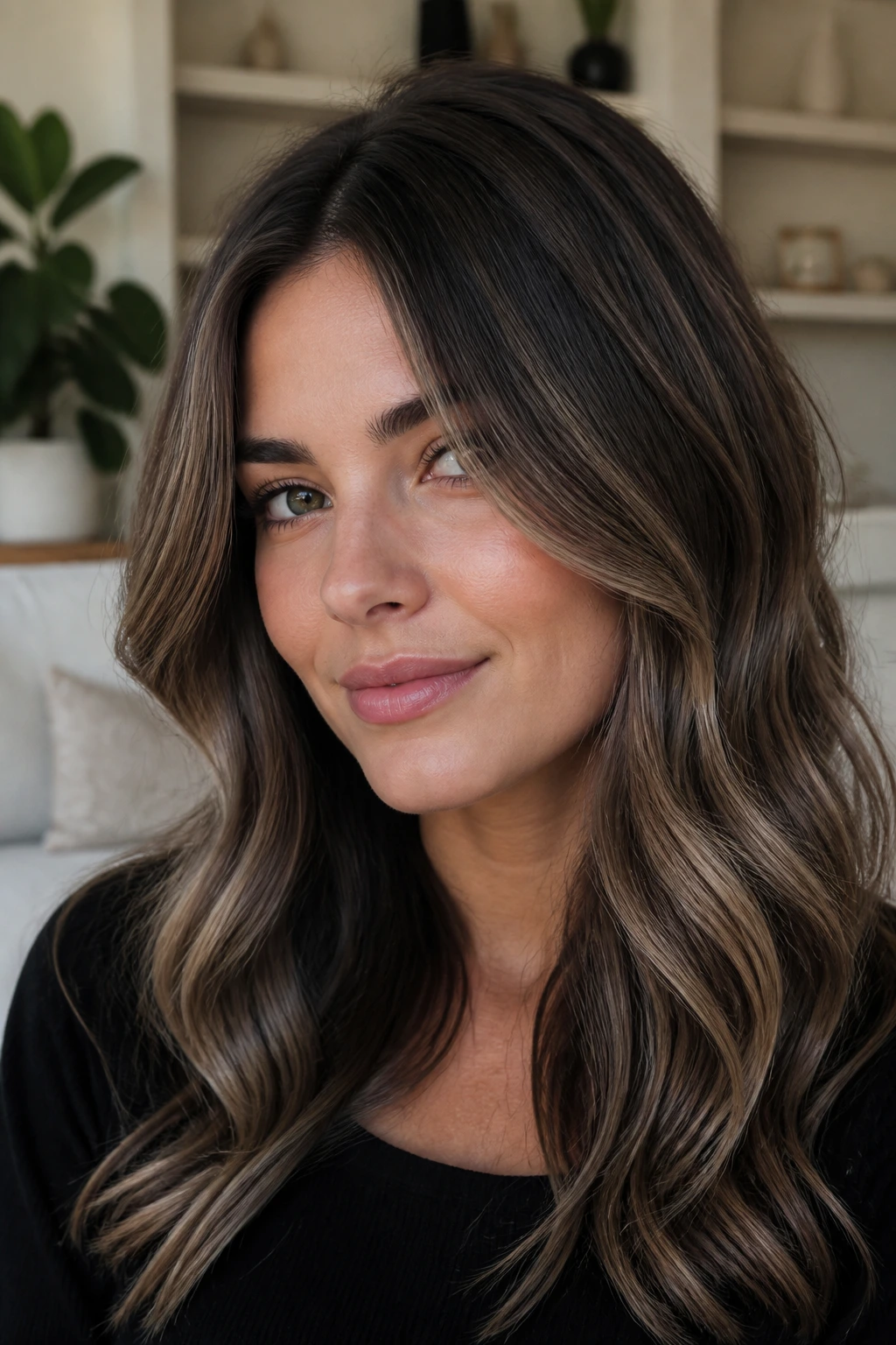 Close-up portrait of a real woman with mushroom brunette balayage contouring the cheeks.