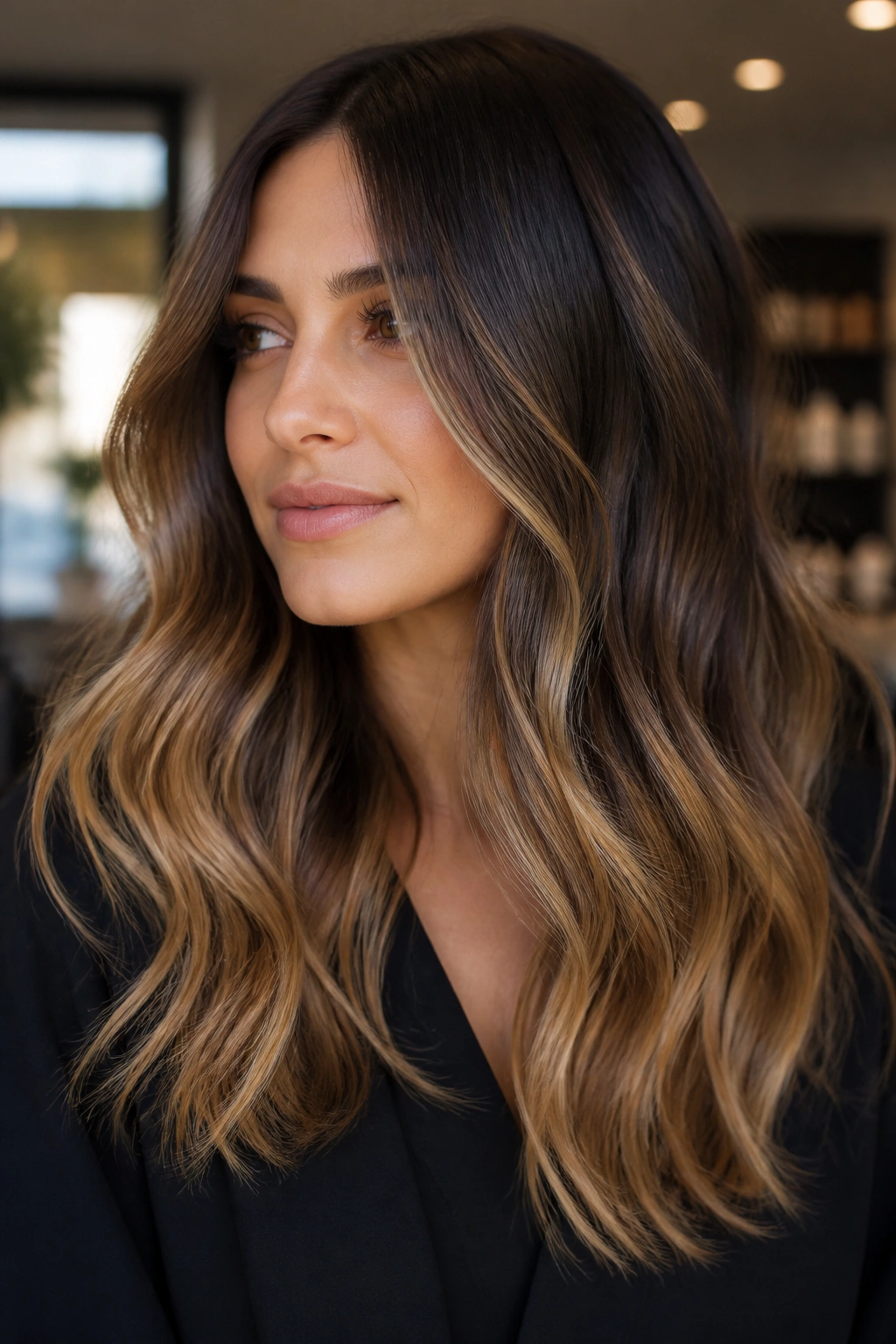 Portrait of a real woman with balayage-ombre hybrid hair and soft caramel ends