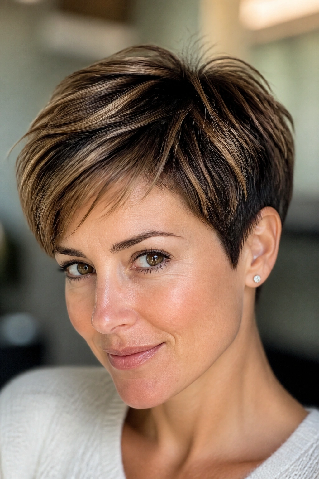 Close-up portrait of a real person with rooted brown balayage pixie